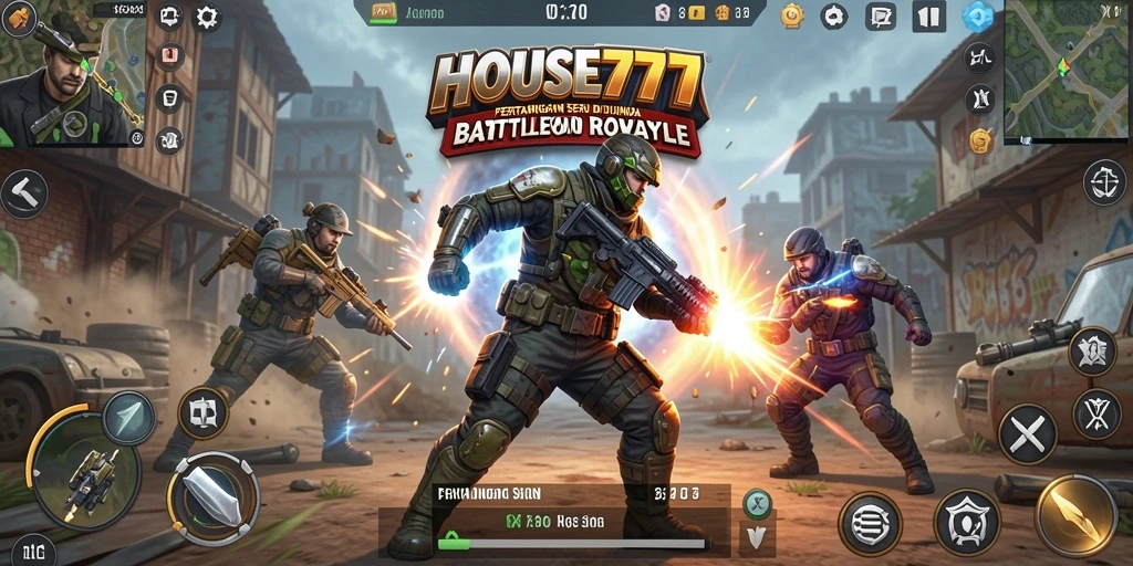 Tampilan aksi seru dalam gameplay Battle Royale HOUSE777.