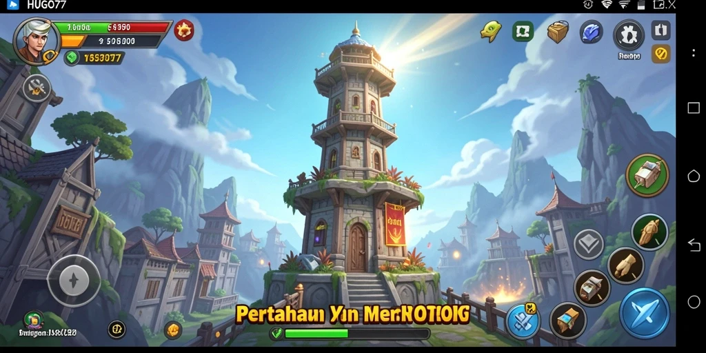 Screenshot menampilkan aksi pertahanan menara yang intens di HUGO77.